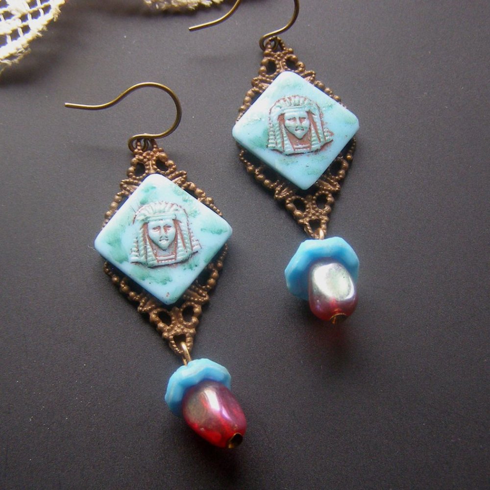 Egyptian Revival Turquoise Blue Dangle Earrings Vintage Brass Filigree